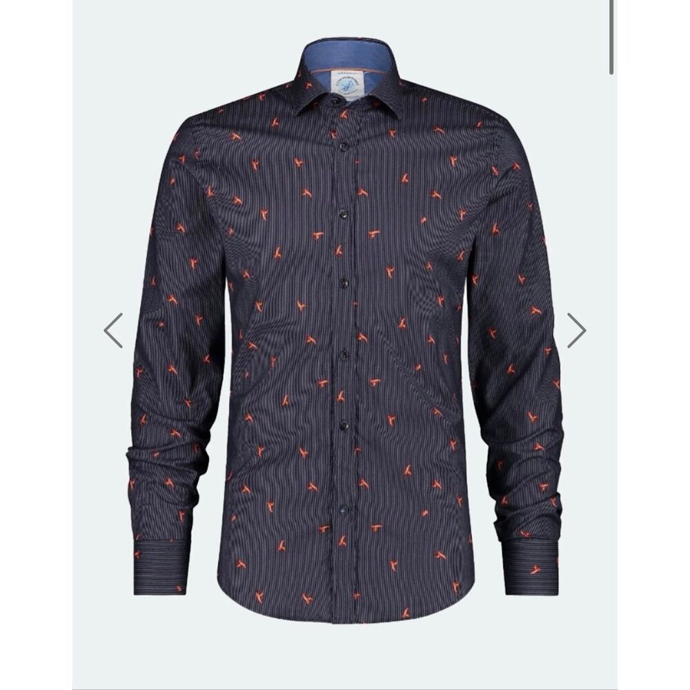 A FISH NAMED FRED Navy Blue Striped Lobsters Shirt-S